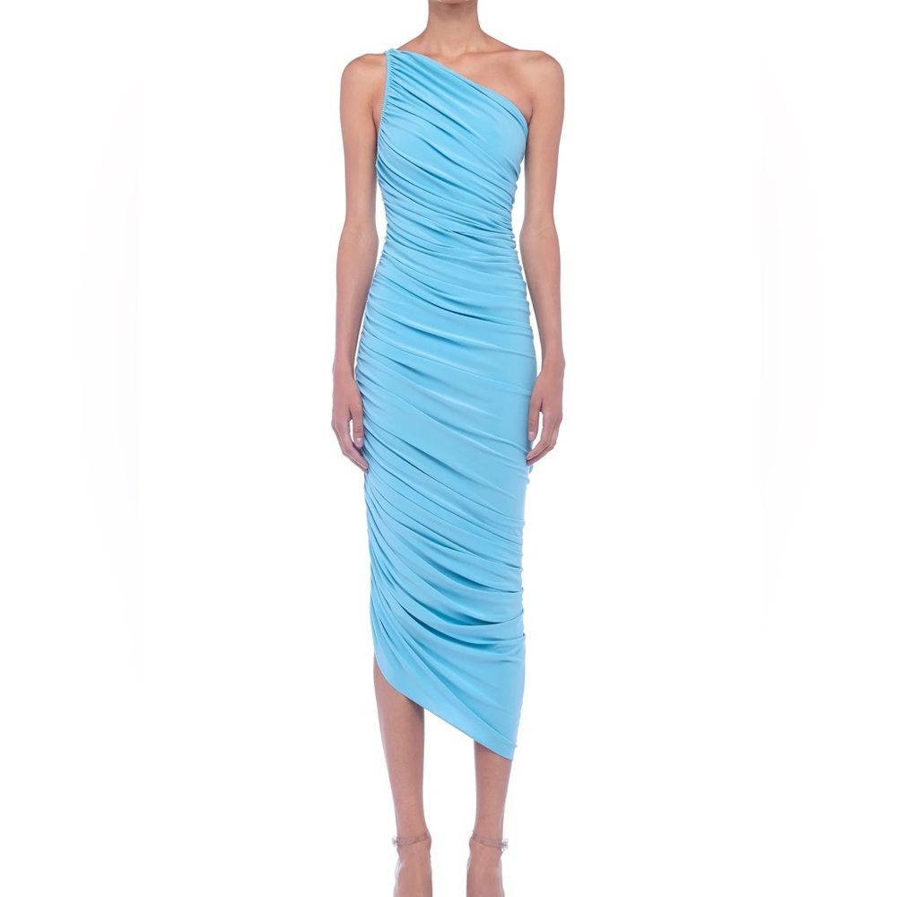 Norma Kamali Blue Ruched One-Shoulder Cocktail Dress
